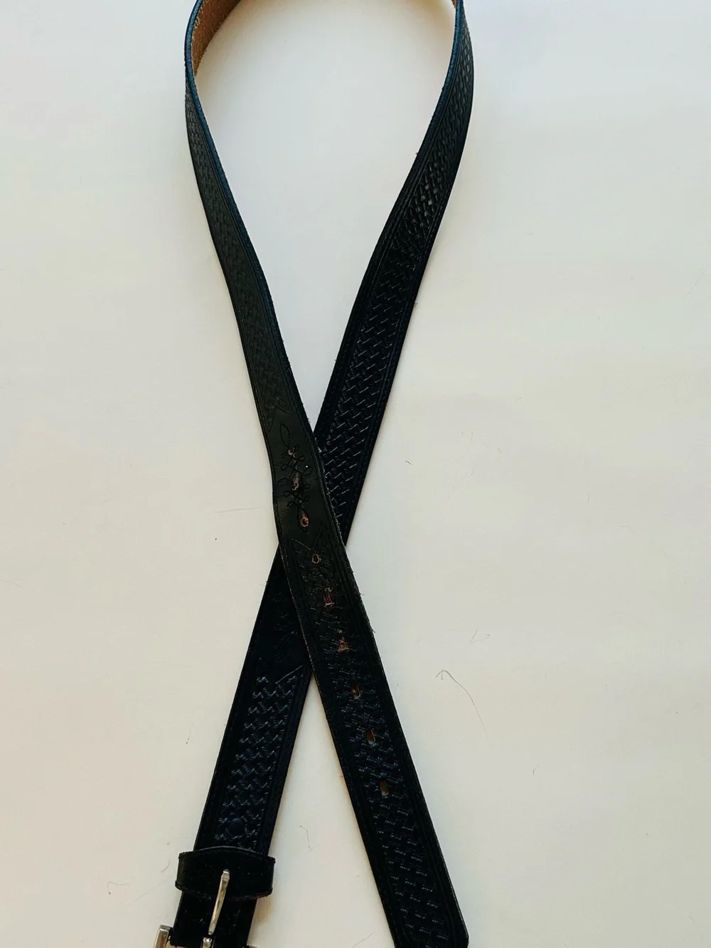 Silver creek Men’s Black Woven Leather Belt with Silver Buckle size 50
